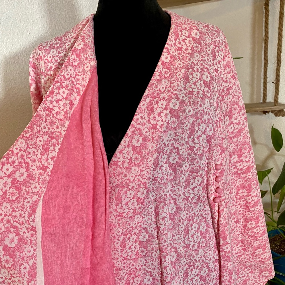 Vintage House Dress Muumuu Kimono Style Handmade Maxi Pink Floral Caftan Cottage View 2